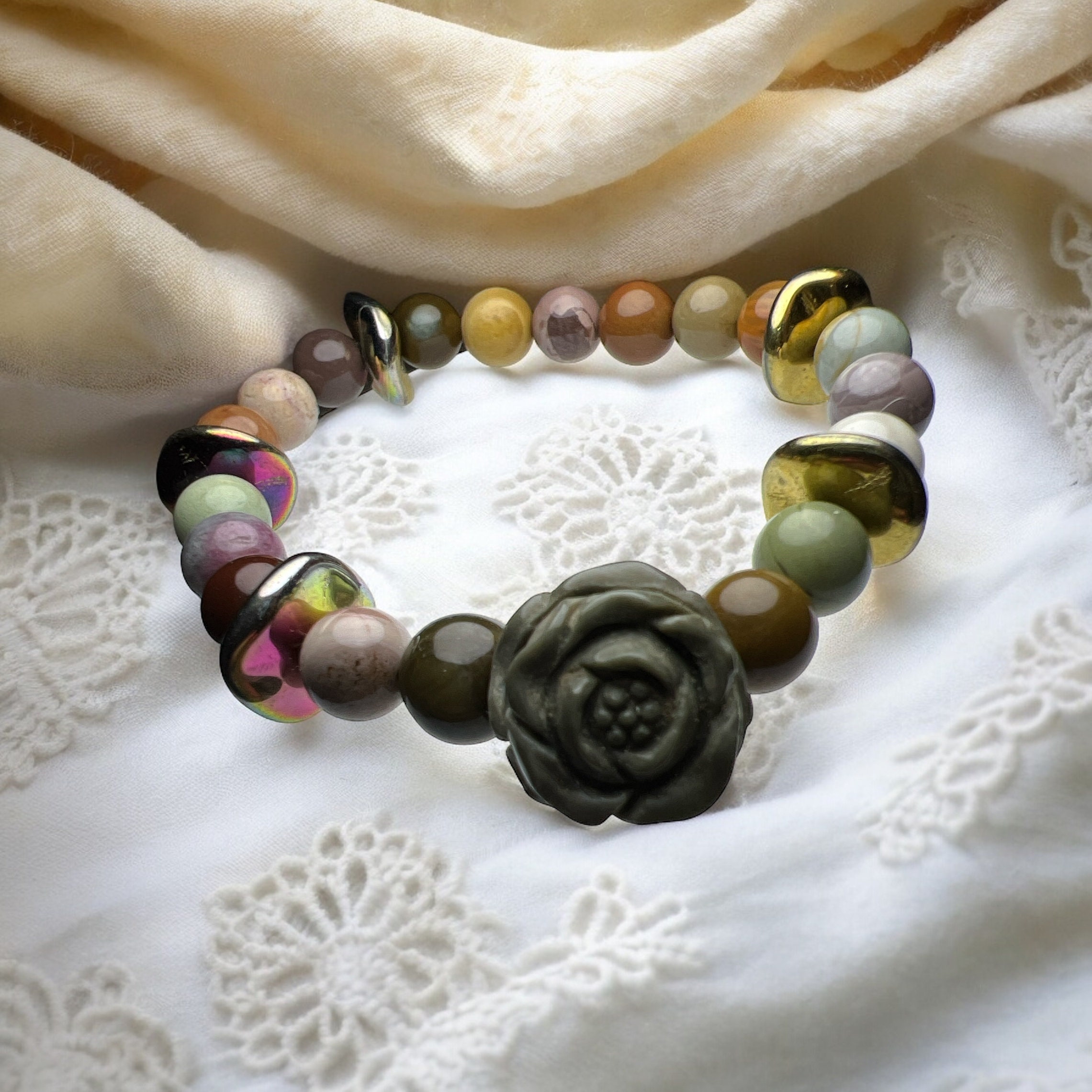 Alashan carved flower with 8mm alashan agate beads with ripple spacers