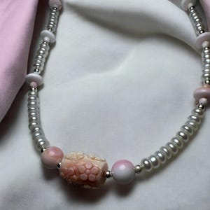 Queen Conch Shell and freshwater pearls with sterling silver spacers necklace 19” long