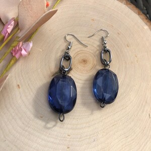 Blue Gem bead earrings upcycled vintage bead repurposed recycled blue oval beads minimalist jewelry hook earrings reworked jewelry dark blue