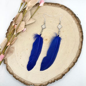 Blue feather and rhinestone earrings upcycled vintage bead repurposed recycled blue feather jewelry hook earrings reworked jewelry dark blue