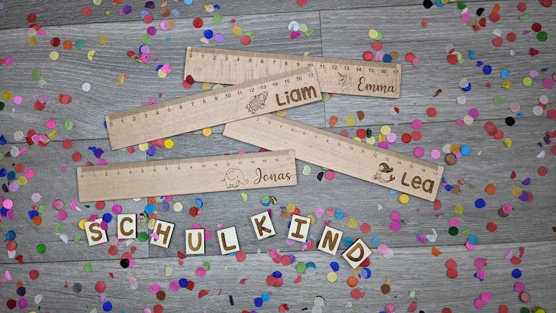 Personalisiertes Lineal 17cm Holzlineal Einschulung Wunschname Motiv Geschenk für Kinder Geburtstagsgeschenk Maßstab Gravur Bild 1