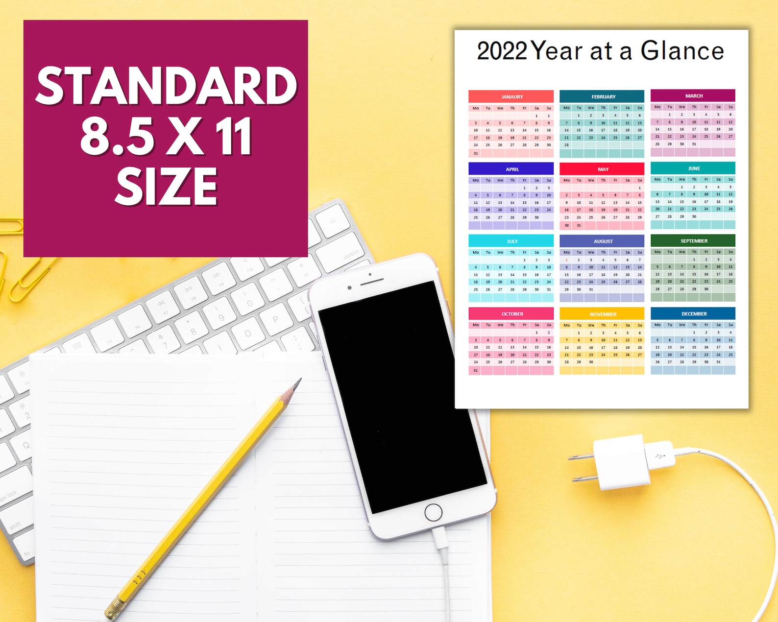 12 month One page Printable Calendar at a Glance Etsy