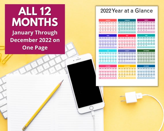 12-month One-page Printable Calendar at a Glance | Etsy