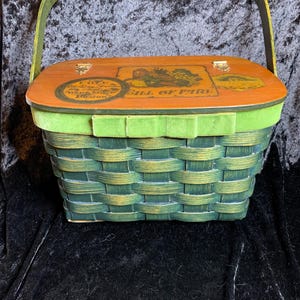 1970’s Flip Top Basket Purse with Decoupage Decor on Lid