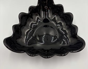 Vintage MCM Indiana Glass Tiara Exclusives Black Amethyst 3 Sided Scalloped Edge Console Bowl