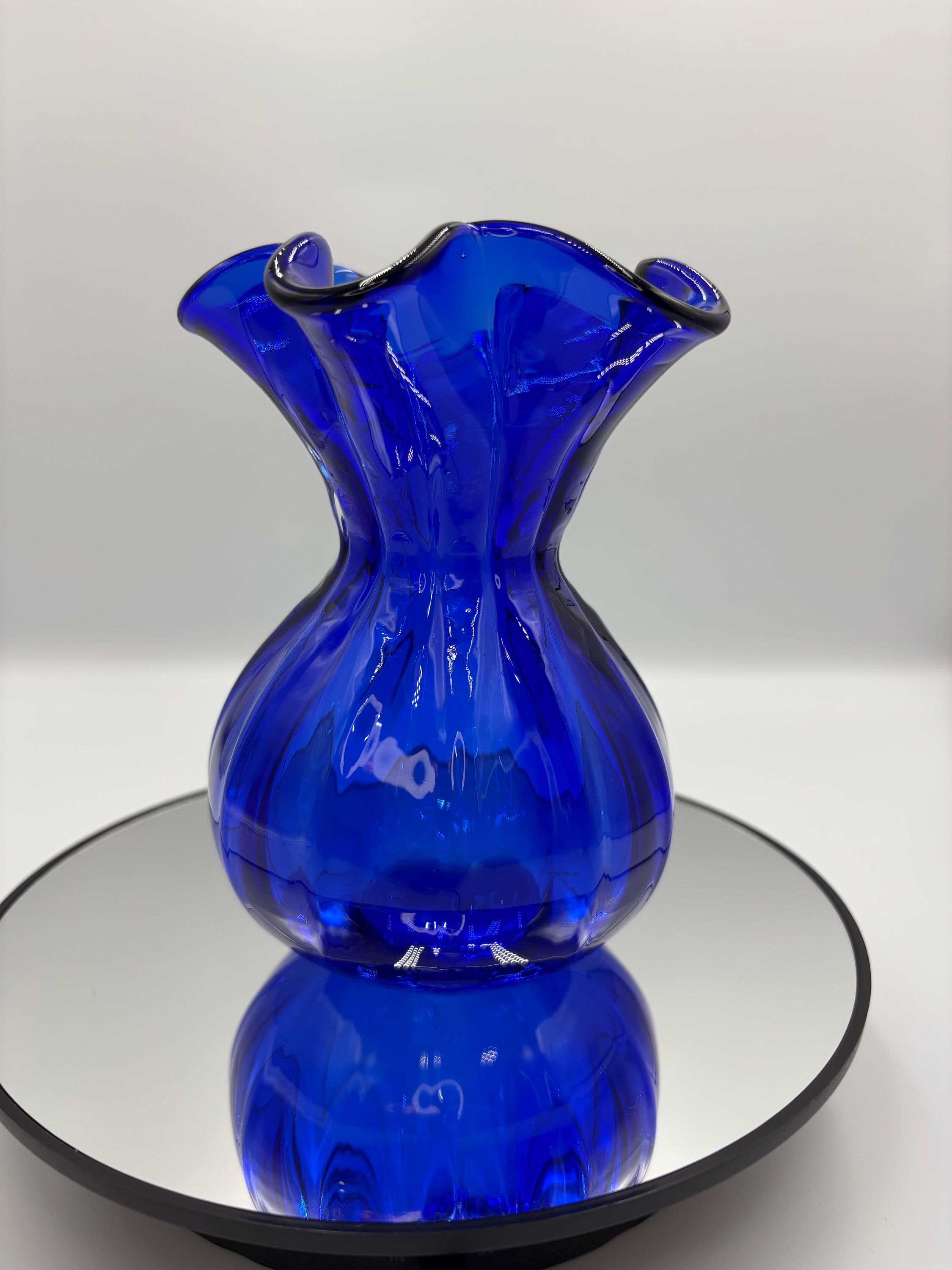 Vintage Cobalt Blue Ruffled Edge Glass Vase