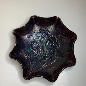 Imperial Glass Amethyst Carnival Glass Pansy Pattern Ruffled Edge Bowl