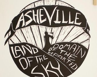 Asheville, Land of the Sky — Gothic Linocut Print, Typography Wall Art, 11x14
