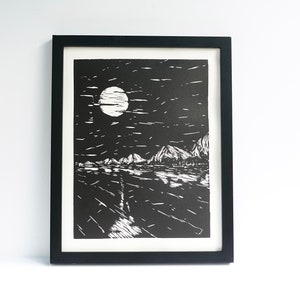 Linocut Print Mountain Lake Landscape - Framed Black & White Block Print 11 x 14
