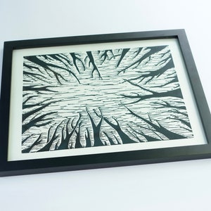 Tree Canopy Linocut Print - Relief Print - 11 x 14 Framed Art Black & White Landscape