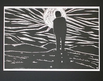 Solitary Figure Linocut Print, Black & White Sun Landscape Wall Art, Large 18x24
