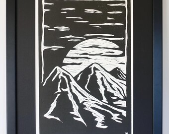 Handcrafted Linocut Print - Mountain Moon Scene - Black & White Art - Wall Art Decor