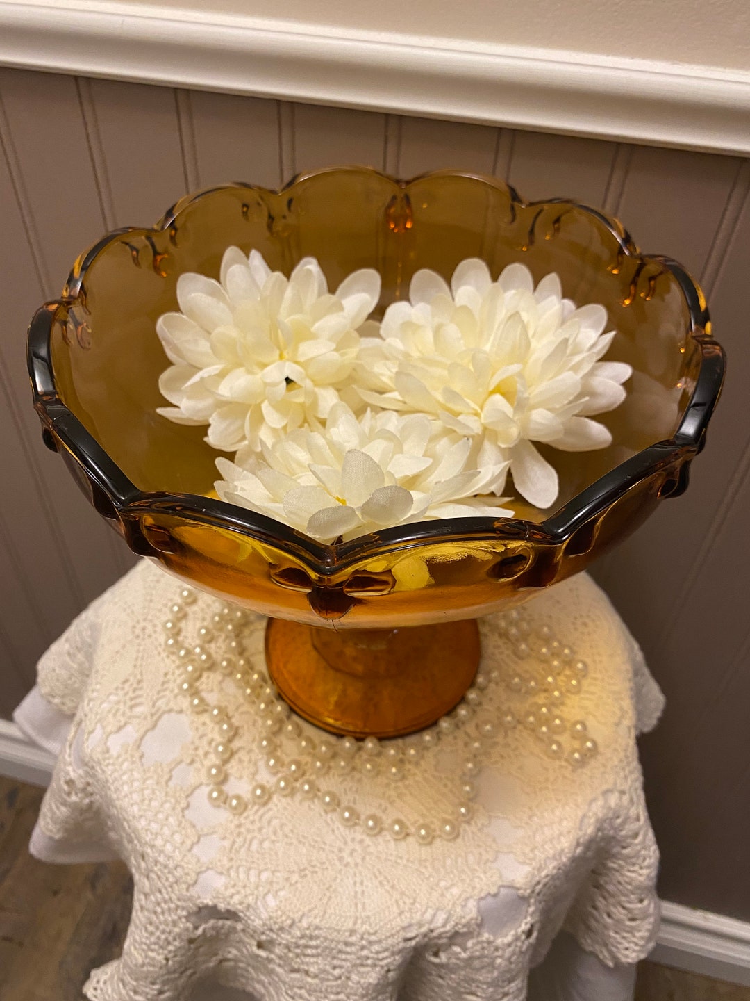 Vintage Amber Glass Pedestal Bowl Etsy