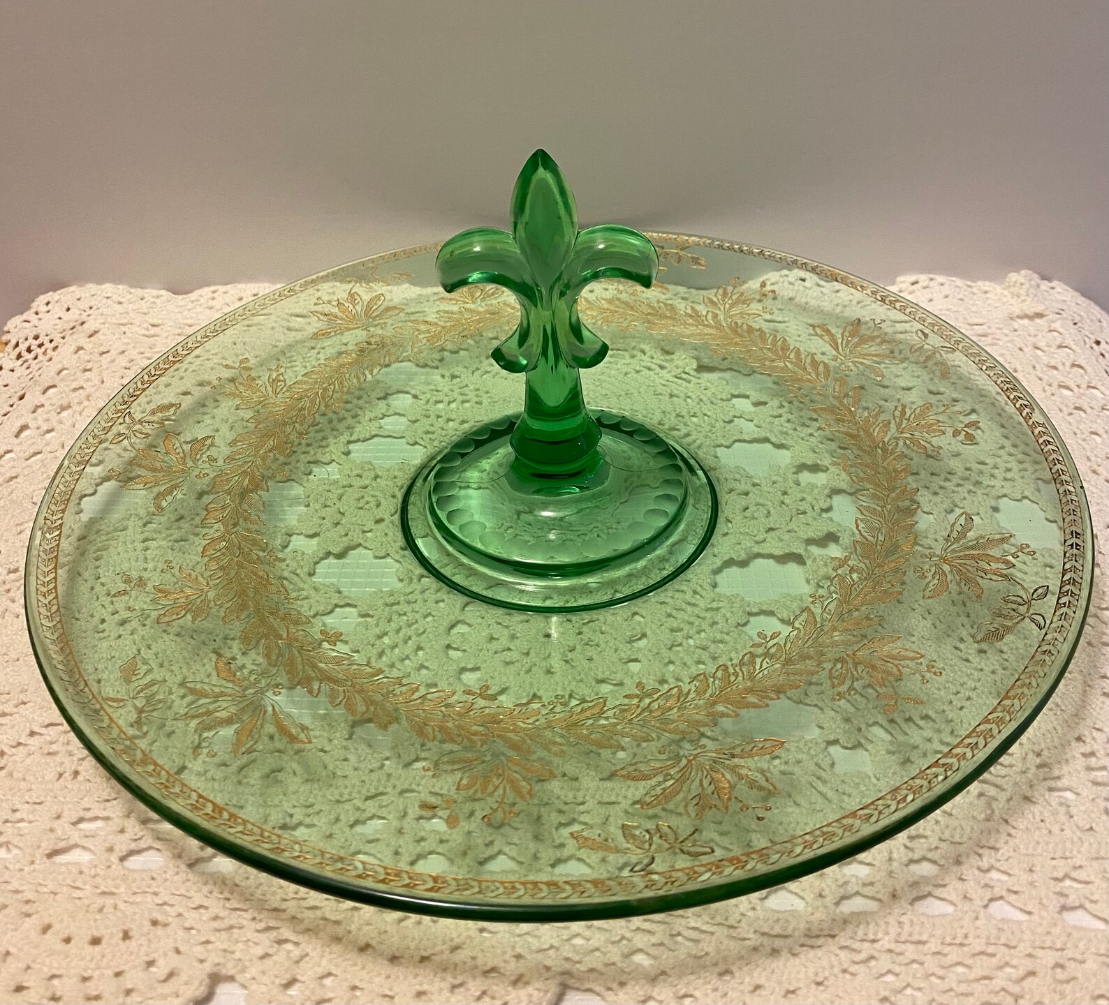 1930s Uranium Glass Fleur De Lis Handled Serving Tray Etsy Canada