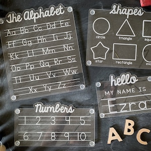 Letter, Number, and Shapes Tracing Board Bundle with Custom Name Sign for Homeschool Handwriting