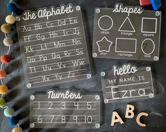 Letter, Number, and Shapes Tracing Board Bundle with Custom Name Sign for Homeschool Handwriting