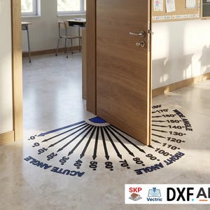 May include: A classroom interior with an open wooden door revealing a floor graphic illustrating angles. The floor graphic shows a semi-circle with degree markings from 0 to 180. A chalkboard, bulletin board, and desks are also visible.