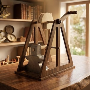 May include: A mechanical device featuring a dark brown wooden frame with a triangular structure, a hand-cranked lever, and a central light-colored wooden wheel. A metallic anvil-shaped component is positioned at the base within the wooden frame.