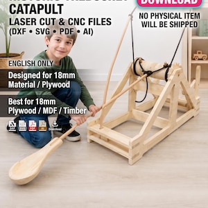 Op de afbeelding: Een digitale download voor een doe-het-zelf STEM-project met een historische trebuchet-katapult. De bestanden zijn voor lasersnijders en CNC-machines, ontworpen voor 18mm multiplex, MDF of hout. Inclusief DXF, SVG, PDF en AI-bestandsformaten.