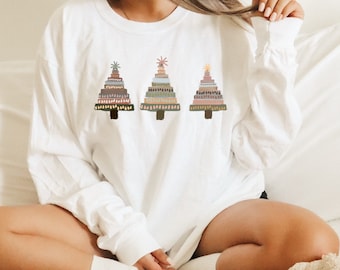 Camisa de Navidad vintage para mujer, camisa de árbol de Navidad de manga larga, camisa familiar para Navidad, camiseta de colores cómodos, camiseta de vacaciones retro