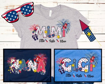 Custom 4th of July Shirt for Women, Patriotic tshirt grandkids names, Personalized Grandma Shirt Summer, Grandma Birthday Gift for Her Mom