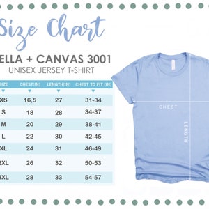 Puede incluir: Tabla de tallas para camisetas de jersey unisex Bella + Canvas 3001. La tabla muestra las tallas XS a 3XL con las medidas de pecho y longitud correspondientes en pulgadas. La tabla tambi&eacute;n incluye una medida de pecho a ajustar en pulgadas.