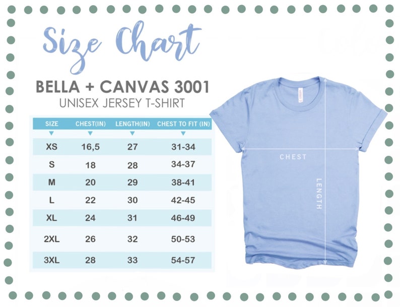 Puede incluir: Tabla de tallas para camisetas de jersey unisex Bella + Canvas 3001. La tabla muestra las tallas XS a 3XL con las medidas de pecho y longitud correspondientes en pulgadas. La tabla tambi&eacute;n incluye una medida de pecho a ajustar en pulgadas.