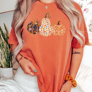 May include: A rust-colored t-shirt with a graphic of three pumpkins. The pumpkins are decorated with floral patterns in shades of blue, orange, and yellow.