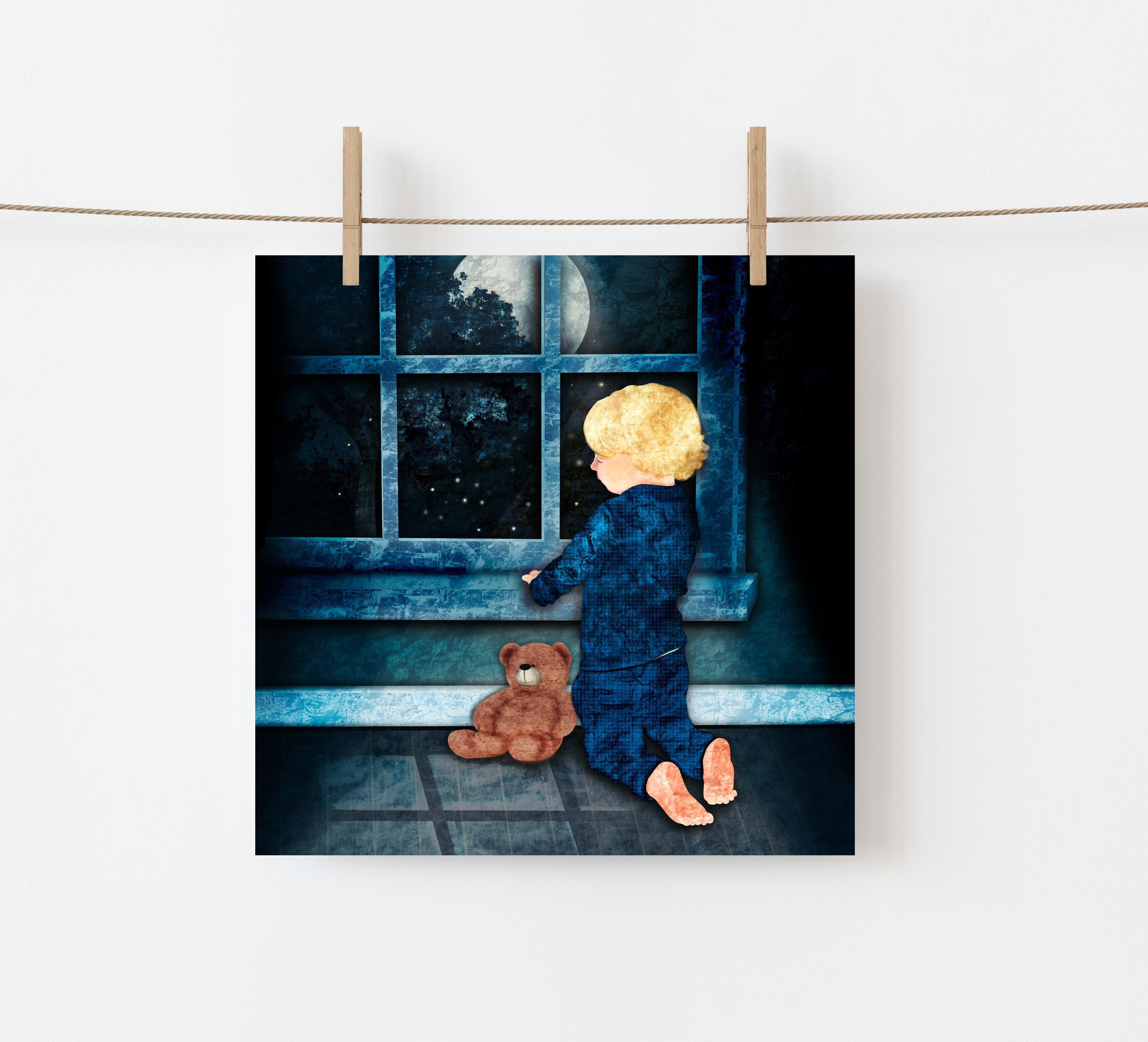 Blue Nursery Decor Boy Wall Art Print Boho, Watercolor Painting Kid ...