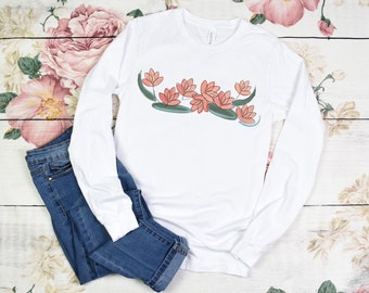 Lotus Flower Shirt Women, Flower Shirt Long Sleeve, Tshirt Trendy, Spring Plus Size Clothing 2X, simple tshirt, Easter basket stuffer for