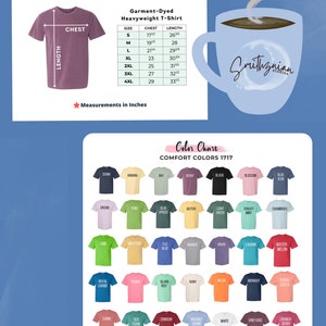 May include: Size chart for a garment-dyed heavyweight t-shirt with measurements in inches. Color chart with 36 different colors of t-shirts. The colors are arranged in a grid.