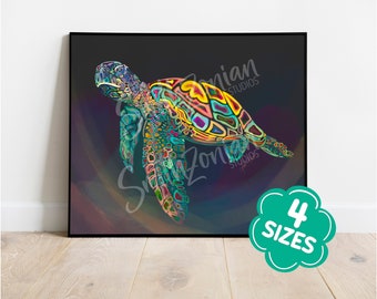 May include: A colorful abstract illustration of a sea turtle swimming in a dark blue and purple background. The turtle's shell is made up of many different shapes and colors, including green, blue, yellow, orange, and red.