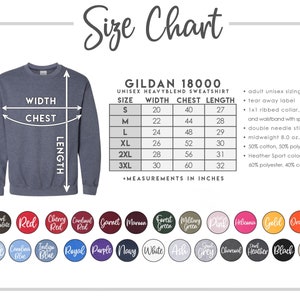Puede incluir: Tabla de tallas para sudadera de peso pesado unisex Gildan 18000. La tabla muestra las medidas en pulgadas para el ancho, el pecho y la longitud para las tallas S a 3XL. La tabla tambi&eacute;n incluye detalles sobre la composici&oacute;n y la construcci&oacute;n de la tela de la sudadera.