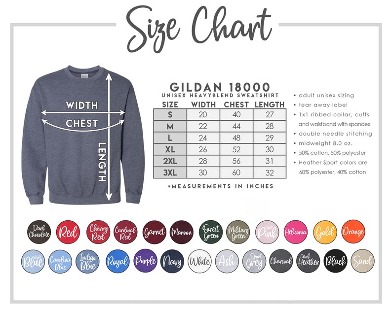 Puede incluir: Tabla de tallas para sudadera de peso pesado unisex Gildan 18000. La tabla muestra las medidas en pulgadas para el ancho, el pecho y la longitud para las tallas S a 3XL. La tabla tambi&eacute;n incluye detalles sobre la composici&oacute;n y la construcci&oacute;n de la tela de la sudadera.