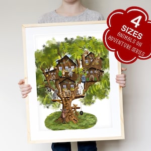 Tree House print, animal nursery decor, adventure nursery, kids playroom decor, treehouse decor for toddler room, 5th Birthday Gift for her