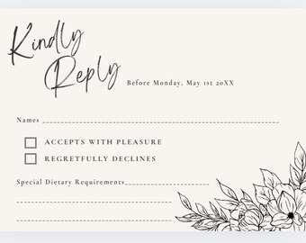 Elegant Black & White Floral Wedding Invitation RSVP Card