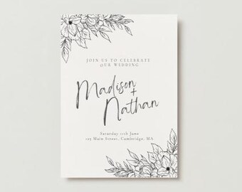 Elegant Black & White Floral Wedding Invitation