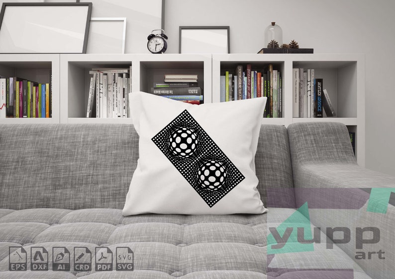 May include: A white throw pillow with a black and white geometric design of two spheres. The design is on a diagonal and the spheres are made up of circles.