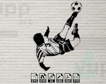 May include: Black and white silhouette of a soccer player kicking a soccer ball. The player is in mid-air, with their leg extended and their foot making contact with the ball. The player is wearing a short-sleeved shirt and shorts. The background is a white brick wall.
