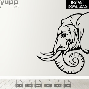May include: Black and white line art illustration of an elephant's head with its trunk curled up. The image is a digital download available in PDF, CDR, DXF, AI, EPS, and SVG formats.