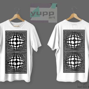 May include: A white t-shirt with a black and white optical illusion design of two spheres on the front and back. The design features a repeating pattern of circles.