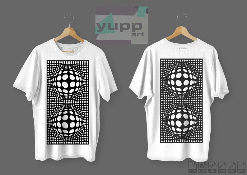 May include: A white t-shirt with a black and white optical illusion design of two spheres on the front and back. The design features a repeating pattern of circles.