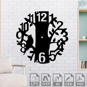 May include: Black silhouette of a tree with branches forming a clock face. The numbers 1 through 12 are displayed around the tree trunk. A small bird is perched on a branch.