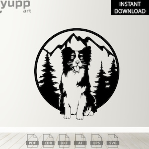 Hund mit Berg SVG - niedliches Tier ausgeschnittene Druckdatei - Kleiner Welpe Clipart - gemütliche Wand Kunst Dekor - DIY Datei zum Laserschneiden und Cnc