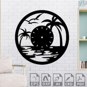 May include: Black and white silhouette of a clock with palm trees and ocean waves. The clock face is blank and the design is suitable for cutting and crafting.