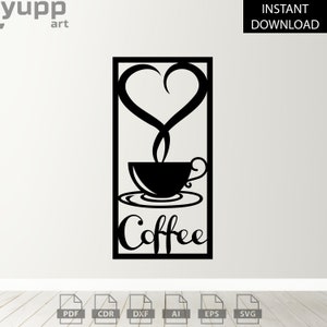 May include: Black and white digital download of a coffee cup with a heart-shaped steam design and the word "Coffee" underneath. The design is framed in a rectangle.