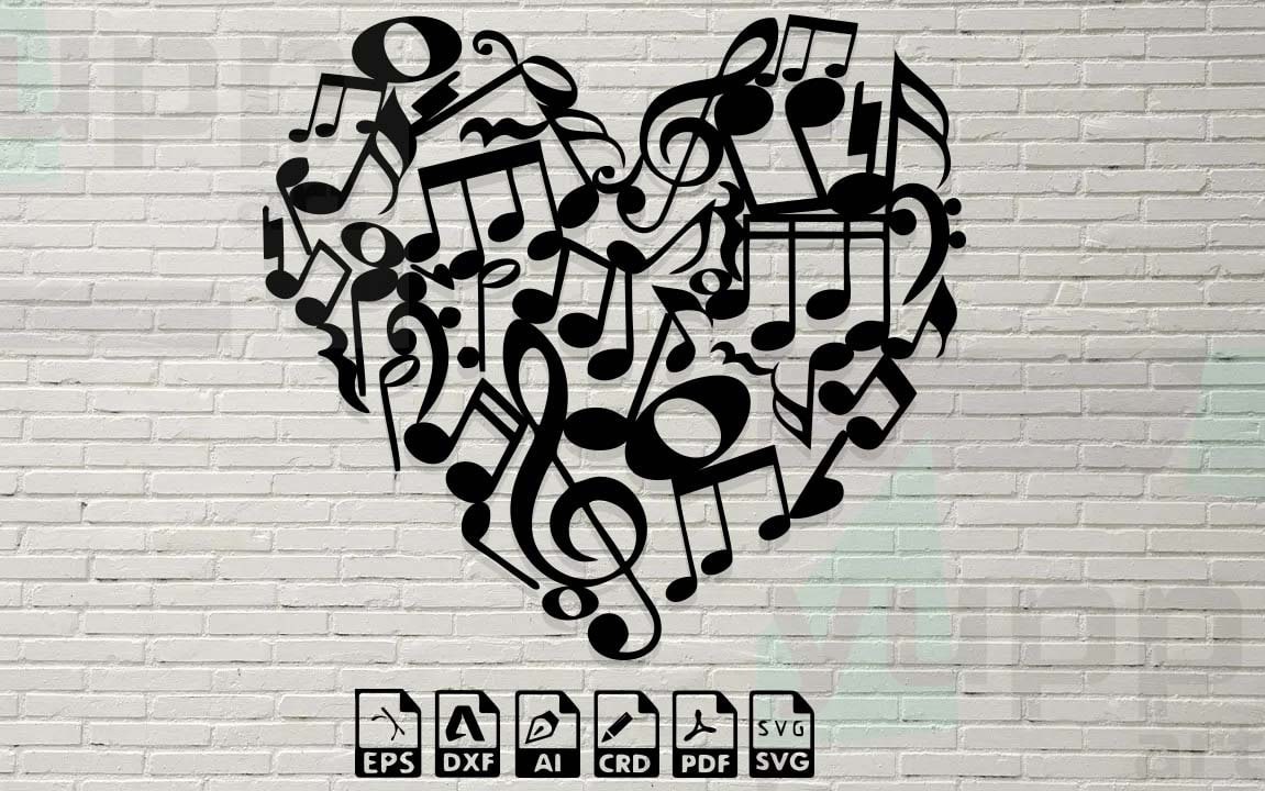 Heart With Music Notes Svg, Clipart, Laser Cut Files, Stencil, dxf pdf engraving decal silhouette cnc router digital vector instant download