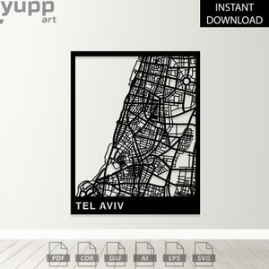 Tel Aviv carte imprimer et découper des fichiers Israël carte découpé au Laser fichier Svg juif pour Cricut Tel Aviv carte métal mur Art Tel Aviv carte Cnc projet