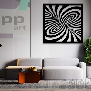 以下が含まれることがあります： 渦巻き模様の白黒の抽象的な壁掛けアート作品。アートは黒いフレームで額装され、白い壁に掛けられています。