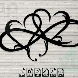 May include: A black and white graphic design of two intertwined hearts with a decorative flourish. The design is on a white brick wall background.